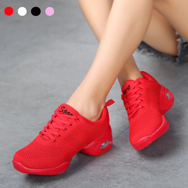 Women's Breathable Air Mesh Square Dance Shoes Jazz Shoes Girls Red White Black Air Cushion Soft Bottom Dance Sneakers