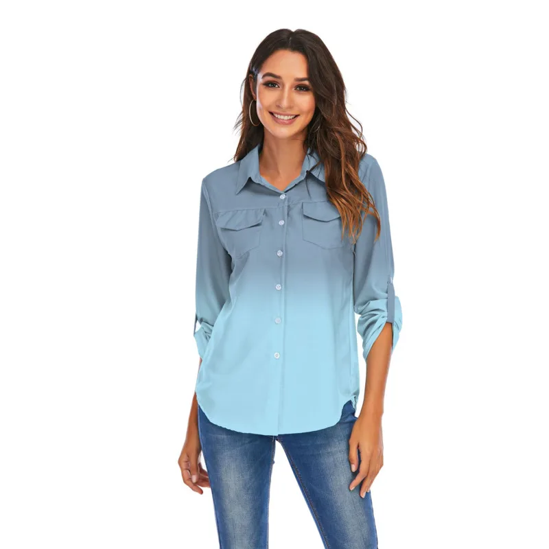 

Женская шифоновая блузка с отложным воротником, голубая однотонная Повседневная Блузка с длинным рукавом, осень-лето 2021