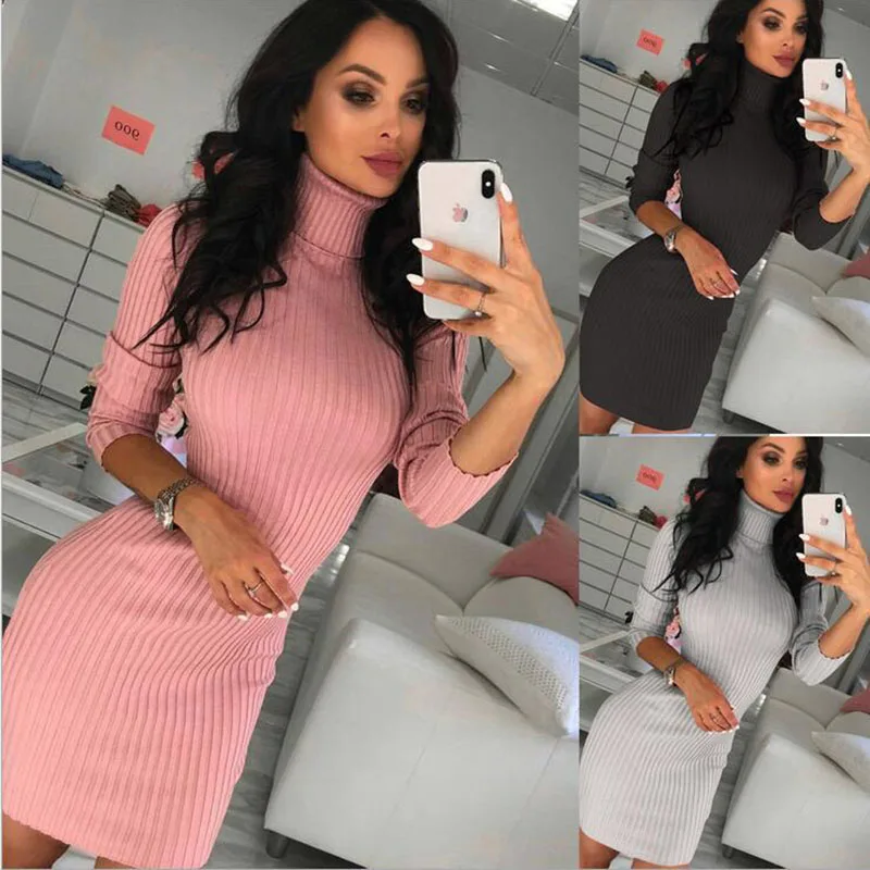 

Bonjean Women Casual Female Long Party Winter Dresses Sexy Long Sleeve Turtleneck Sweater Dress Knitted Boho Women Dress