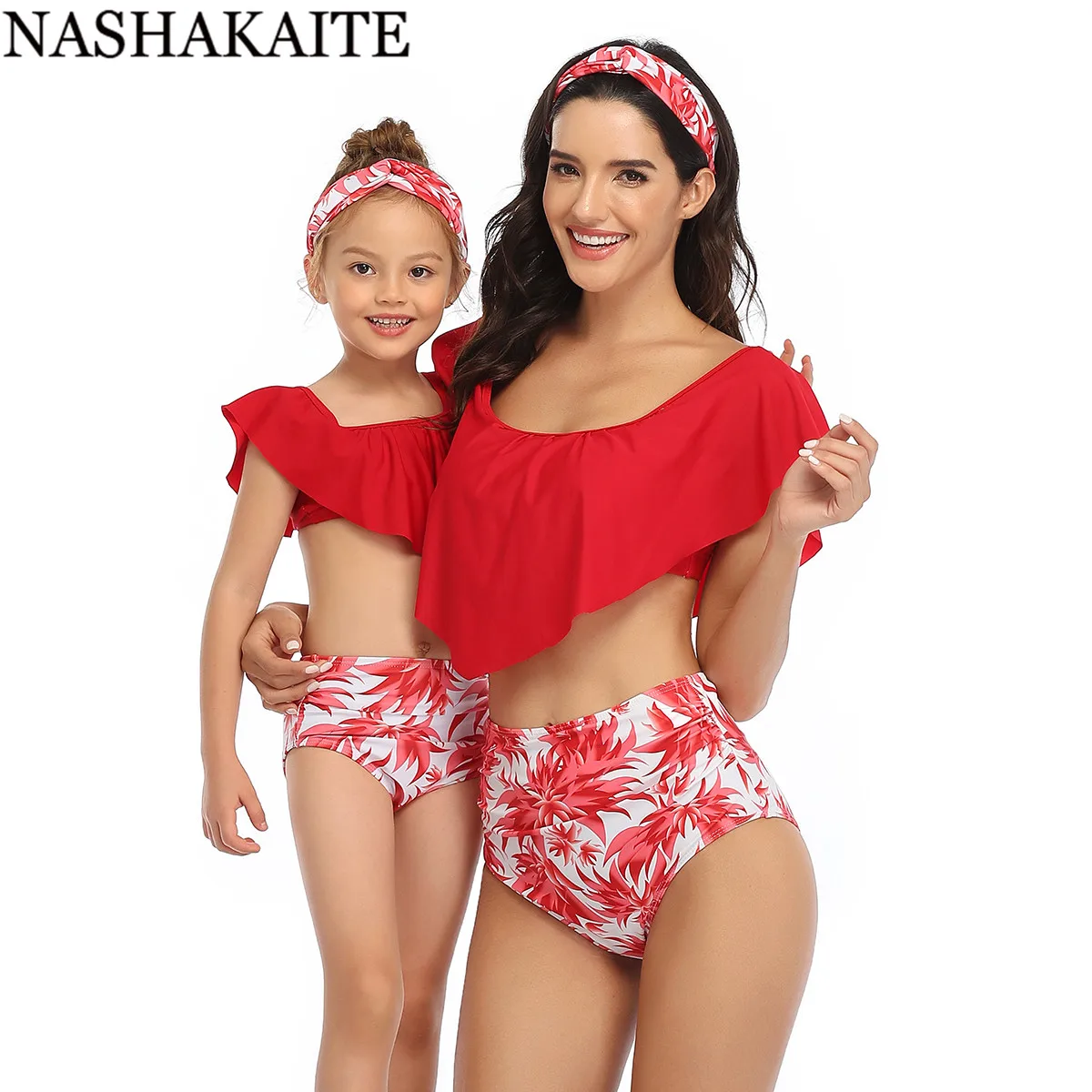NASHAKAITE/купальный костюм для мамы и дочки; Летний Пляжный комплект бикини; купальник с оборками и принтом для мамы и дочки; Семейный комплект купальников