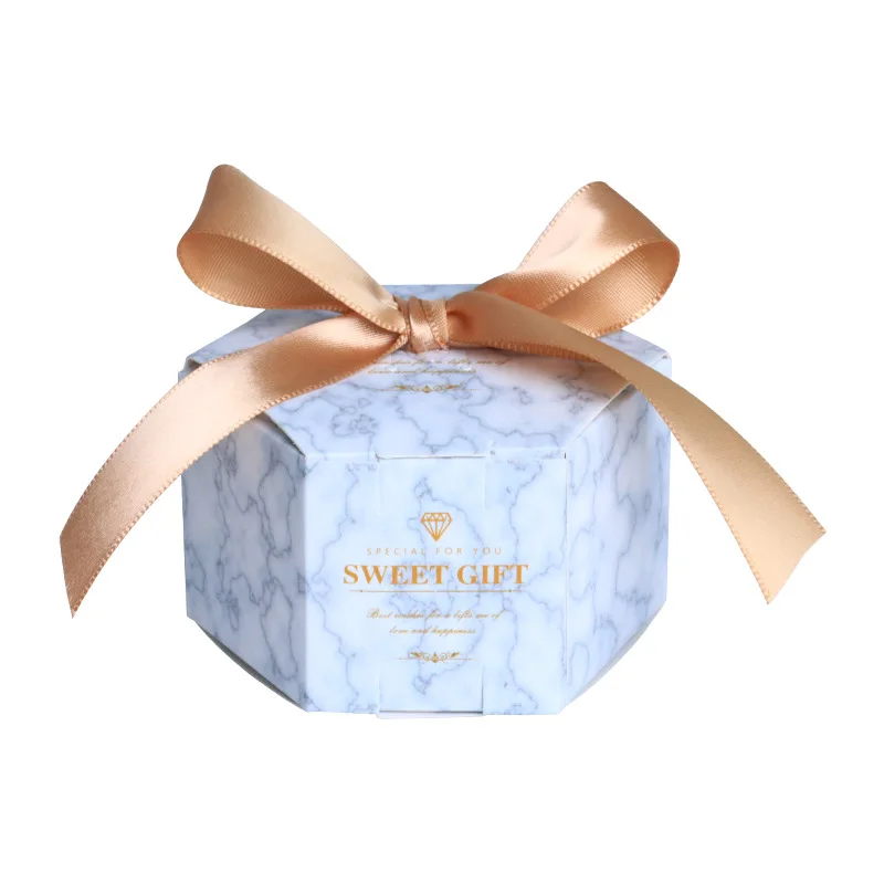 

100pcs New Europe Hexagon Style Marbling Candy Box Wedding Favors Paper Gift Boxes with Ribbon Baby Shower Birthday Gifts Bags