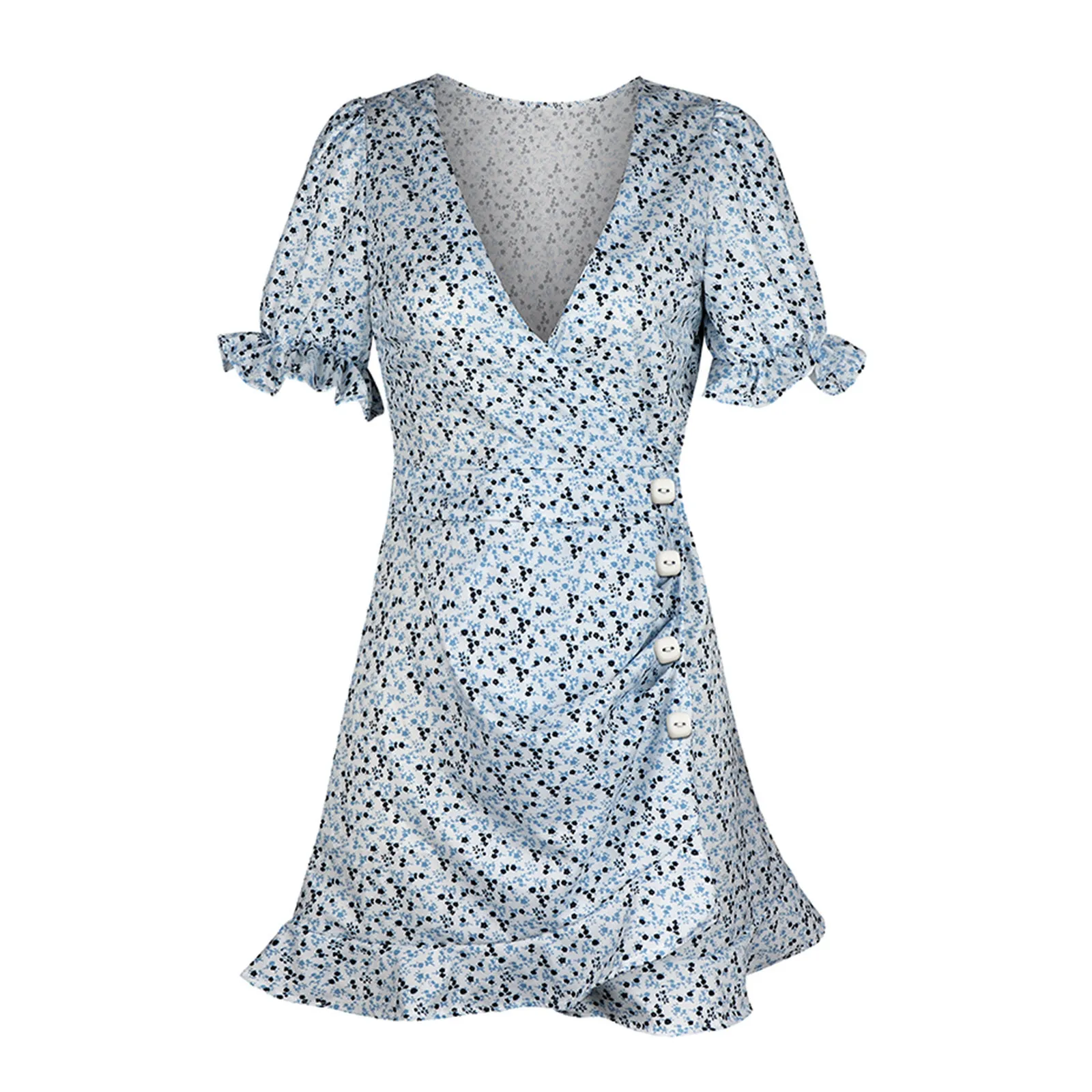 

Women Summer Dress Fashion Floral Bubble Printed Short Puff Sleeve Buttoned Irregular Ruffles ruched Dress Streetwear Vestidos