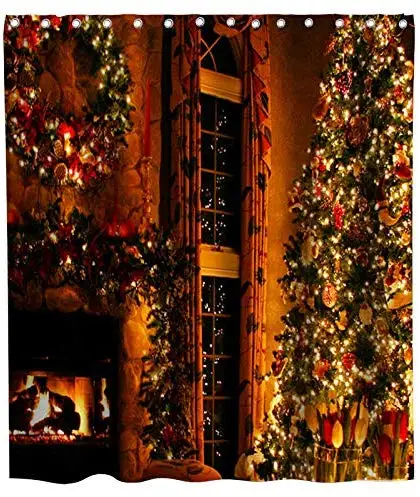 

Merry Christmas Happy New Year Xmas Trees Fireplace Brick Theme Fabric Bathroom Decor