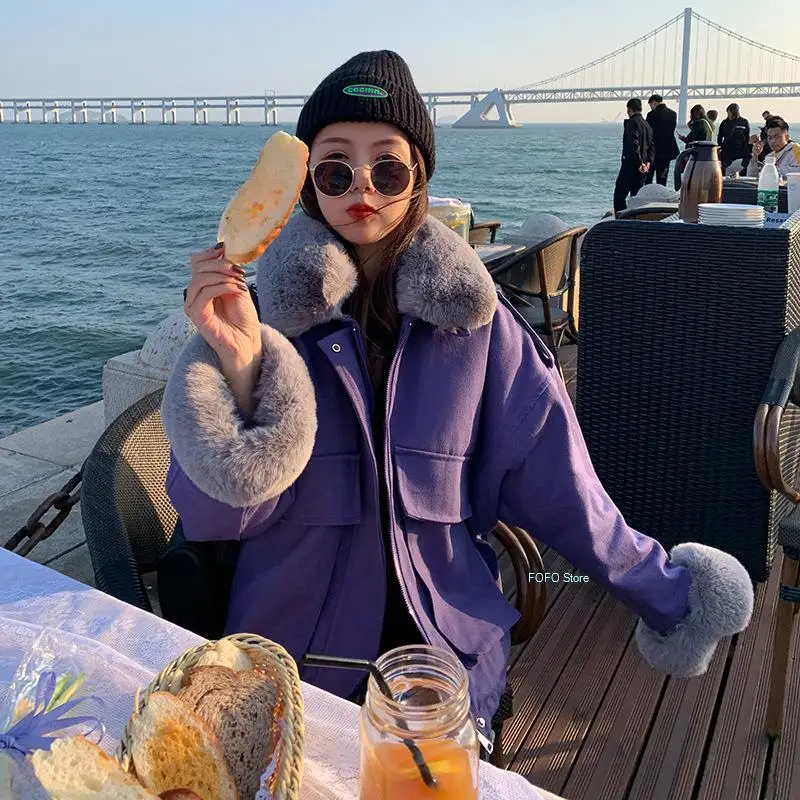 

2021 Winter Patchwork Fox Fur Short Parkas Women Korean Fashion Thick Warm Crop Jackets Ladies Elegant Zipper Cotton Coat