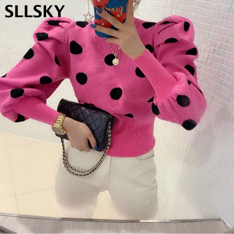 

SLLSKY корейский пуловер с рукавами-фонариками, свитер для осени 2020, женский зимний топ в горошек, вязаный свитер с круглым вырезом для офисной ...