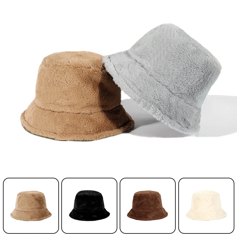 

Шапка рыбака Женская из искусственного меха кролика, однотонная уличная теплая плюшевая Панама, модная повседневная шапка для пар, Осень-зи...