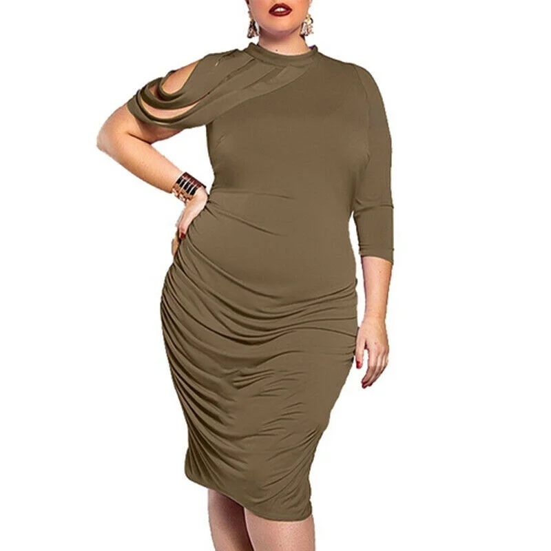 

Vicabo Women Sexy Irreglar Knee-length Dress Party Formal Pleated Solid Color Package Hip Dresses Summer Sundress Plus Size