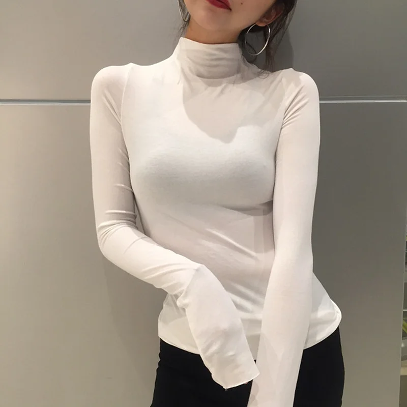 

U-SWEAR Fashion Women's High Neck Solid Strench Long Sleeve shirt Classic Tops Autumn Spring T-Shirts High Quality Harajuku