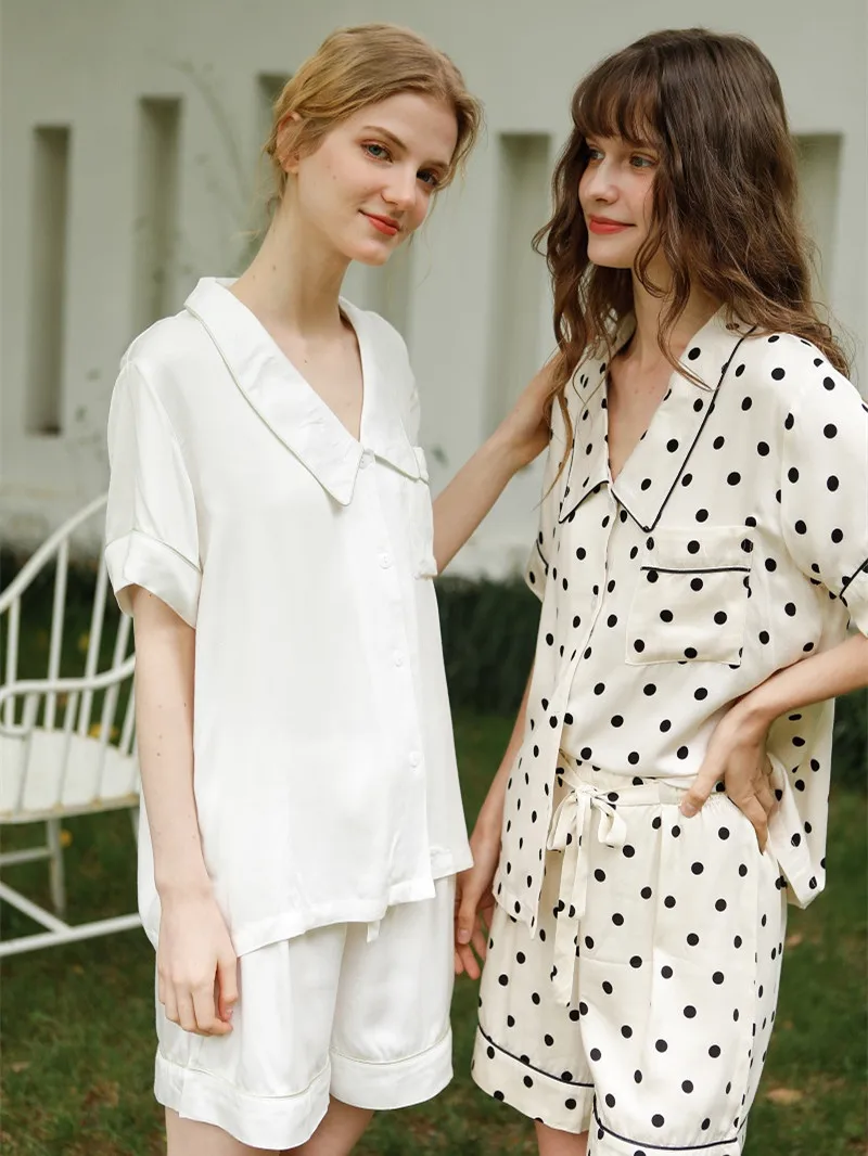 

Hanxiuju Summer Fashion Pajama Sets For female Soft Viscose Casual Shorts Sleepwear White And Beige Dot Loose Nightwear