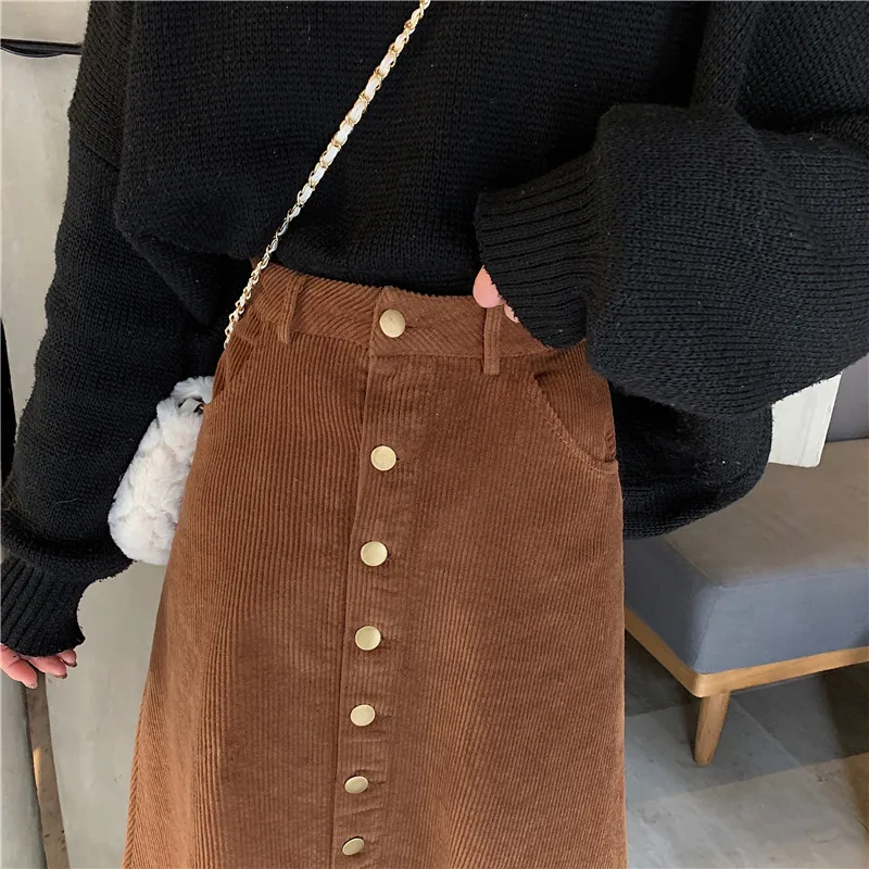 

Fdfklak Autumn winter skirt women Korean version new thin high waist mid-length skirt student's single-breasted corduroy skirts