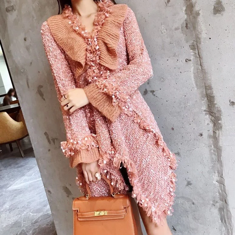 

Jackets Sweet Woman Ruffles Sweater White Lotus Cardigan Coats Bright Silk Asymmetric Knitting Tassels Outwear Tops Fashion 2021