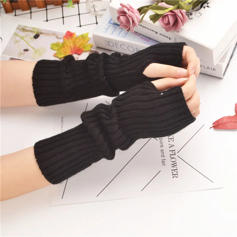 

Winter Knitted Fingerless Gloves Arm Warmers Emo Accessories Pink Black Gloves Women перчатки без пальцев перчатки женские