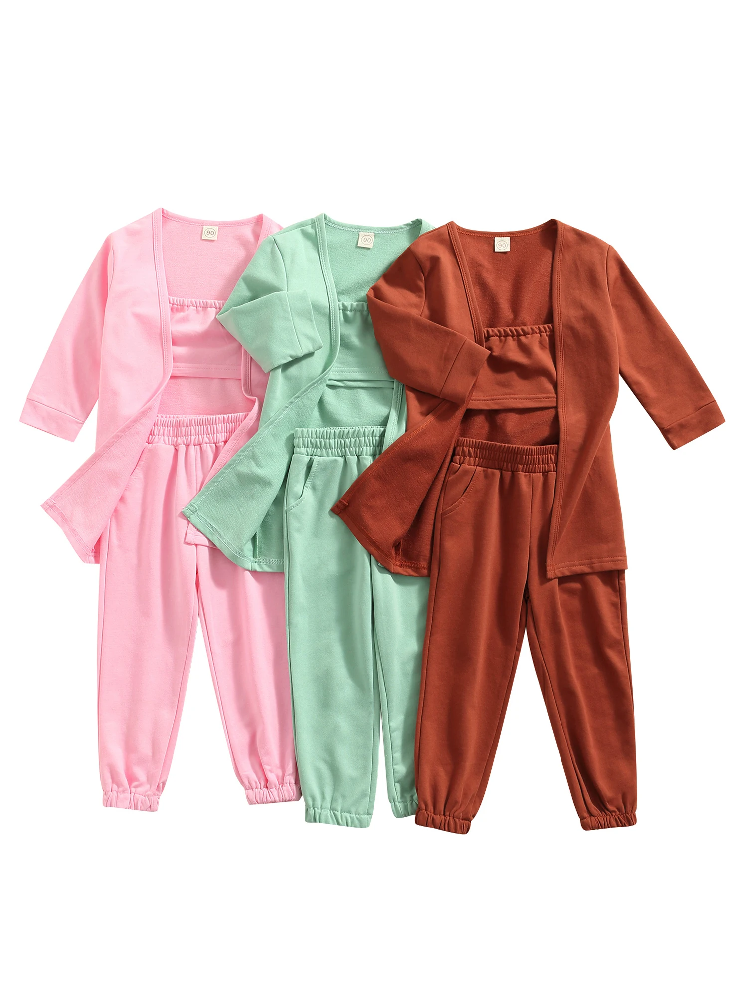 

Kids Girls Boys Sets 3Pcs Solid Color Off-Shoulder Sleeveless Tube Tops + Long-Sleeve Cardigan + Long Pants Outfits 2-6 Years
