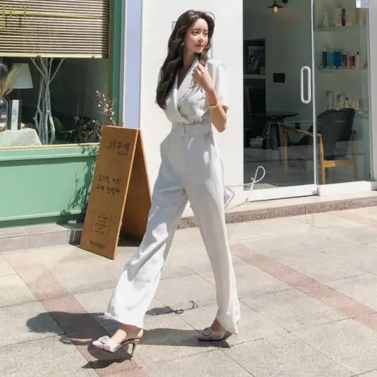 Женский офисный комбинезон с коротким рукавом шифоновые брюки широкими