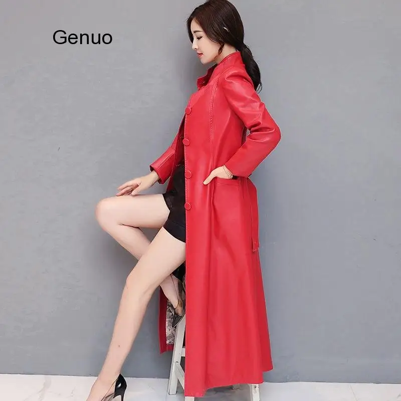 Женская осенне-зимняя кожаная куртка пальто из искусственной кожи с длинным