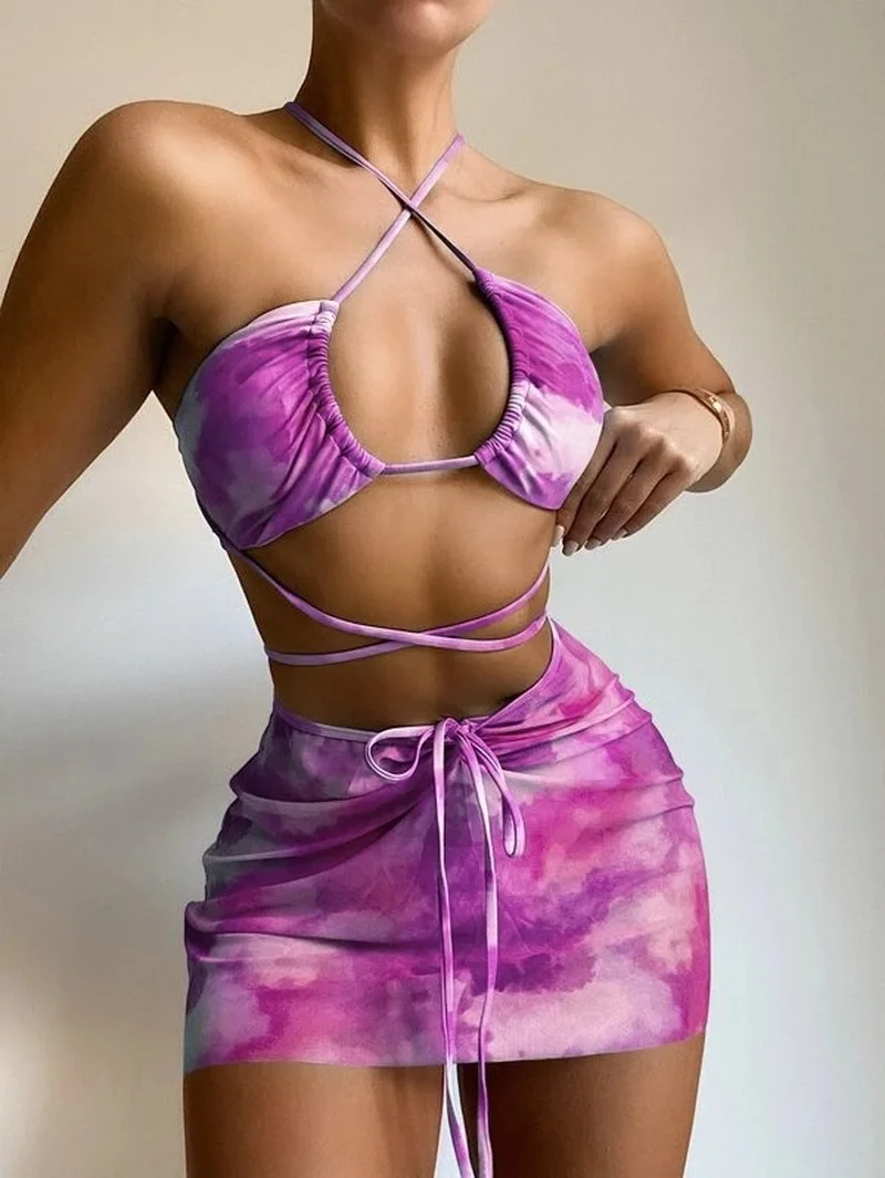 

Sexy Women Bikini Sets Tie Dye Ladies Split Swimsuit Bathing Suit Marble Print Three-piece Set Brazilian Swimwear Biquini