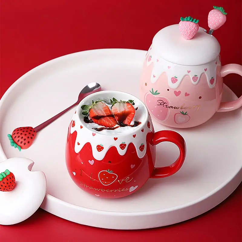 500ml Large Capacity Ceramic Cute Strawberry Coffee Mug with Lid and Spoon Porcelain Breakfast Milk Oatmeal Cup Drinkware