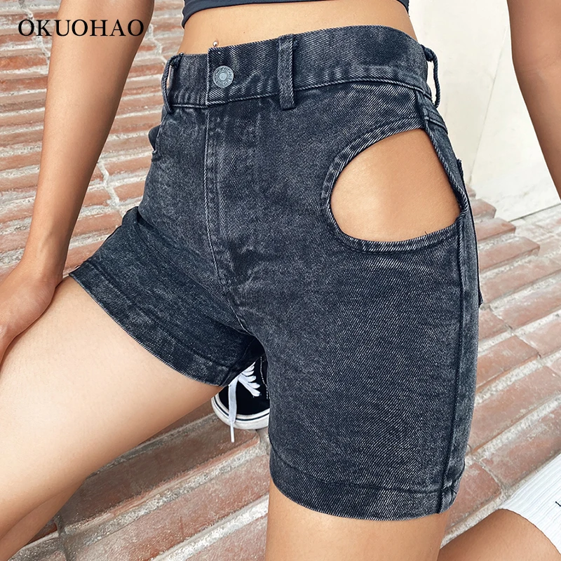 

Women's Denim Shorts High Waist Sexy Shorts Jeans Black Fashion Hollow out Basic Summer Shorts Pants 2021