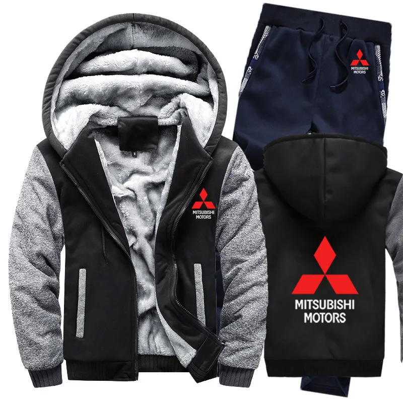 

New Hoodies Men Mitsubishi Car Logo Mens Hoodies Suit Winter Thicken Warm Fleece cotton Zipper Tracksuit Men Jacket+Pants Sets