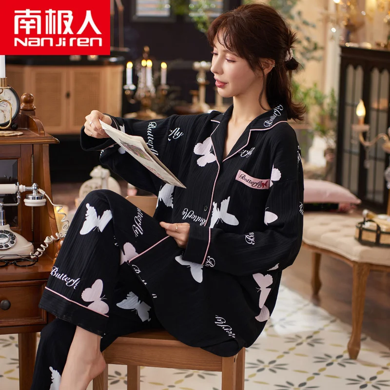 

Пижама для женщин, комплект из 2 предметов, новинка 2021, пижама Nanjiren, Женская весенне-осенняя Хлопковая пижама средней длины с длинным рукавом...