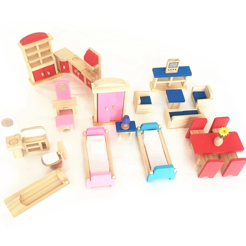 

54DF 1Set Girls Toy Gift for Toddler Dollhouse Furniture Set with Model Bed Sofa Closet Dining-Table Interactive Play House