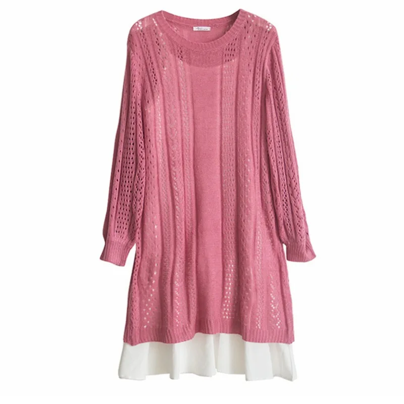 Женское трикотажное платье свитер Свободное длинное ажурное с рукавами