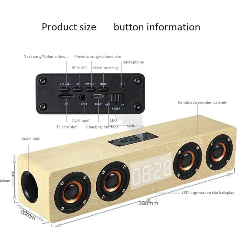 

Portable Home Wireless Bluetooth Speaker Wooden Speaker Alarm Clock Radio Subwoofer Soundbar for TV Speaker AUX USB