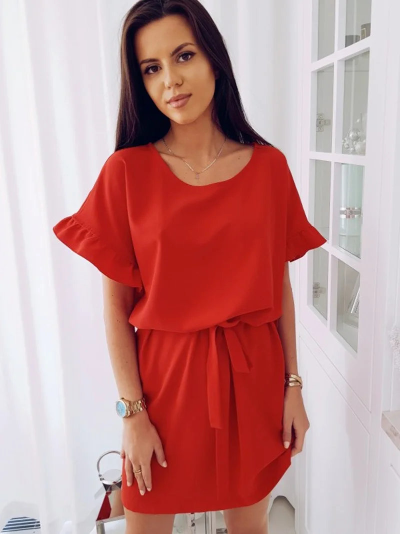

New Loose Plus Size Belt Ruffled Sleeve Round Neck Solid Color Dress Woman Dress Vestido Feminino Women Dresses Summer 2021