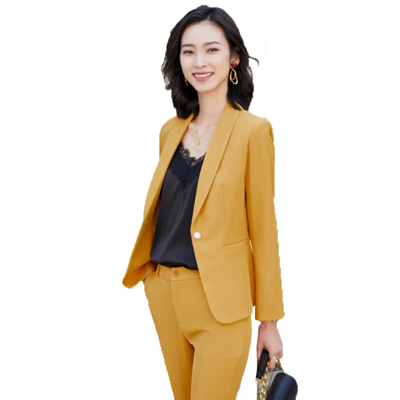 Женский офисный брючный костюм желтая деловая форма комплект из 2 предметов