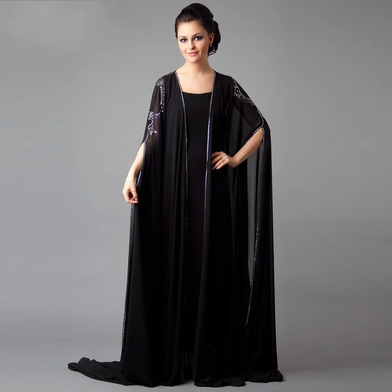 

Simple black Dubai Kaftan evening gown long sleeves floor length Abaya Prom Chiffon Mother of the Bride Dresses with hacket