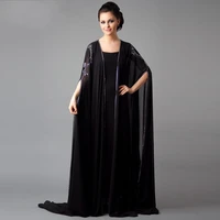 simple black dubai kaftan evening gown long sleeves floor length abaya prom chiffon mother of the bride dresses with hacket