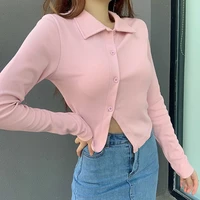 short polo collar cardigan long sleeve t shirt female button slit pink slim temperament versatile top female fashion