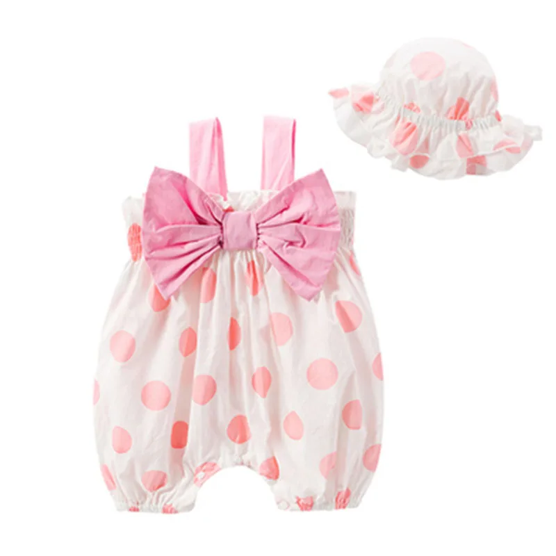 

New baby girl clothes summer sunscreen clothes polka dot printing princess jumpsuit + sun hat short suit