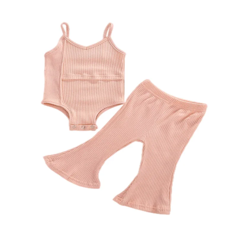 

Toddler Kids Baby Girls Clothes set For Newborns Solid Color Sleeveless Romper+Long Flare Knitted Pants Outfits Summer New 2021