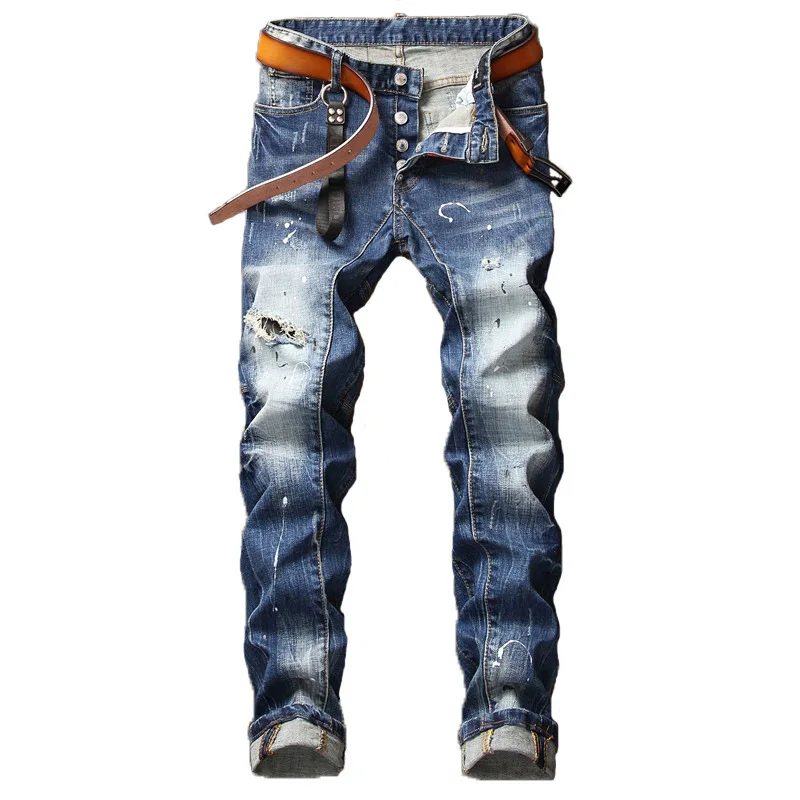 

Europe Models Pleated Biker Stretch Slim Pants Broken Jeans