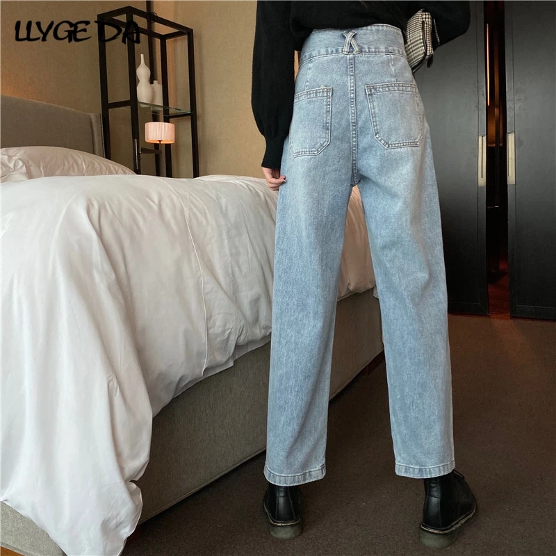 

High Waist Wide Leg Jean Women Light Blue Straight-leg Pants For Women 2021 Summer Fashion Loose Casual Big Pocket Women's Pant