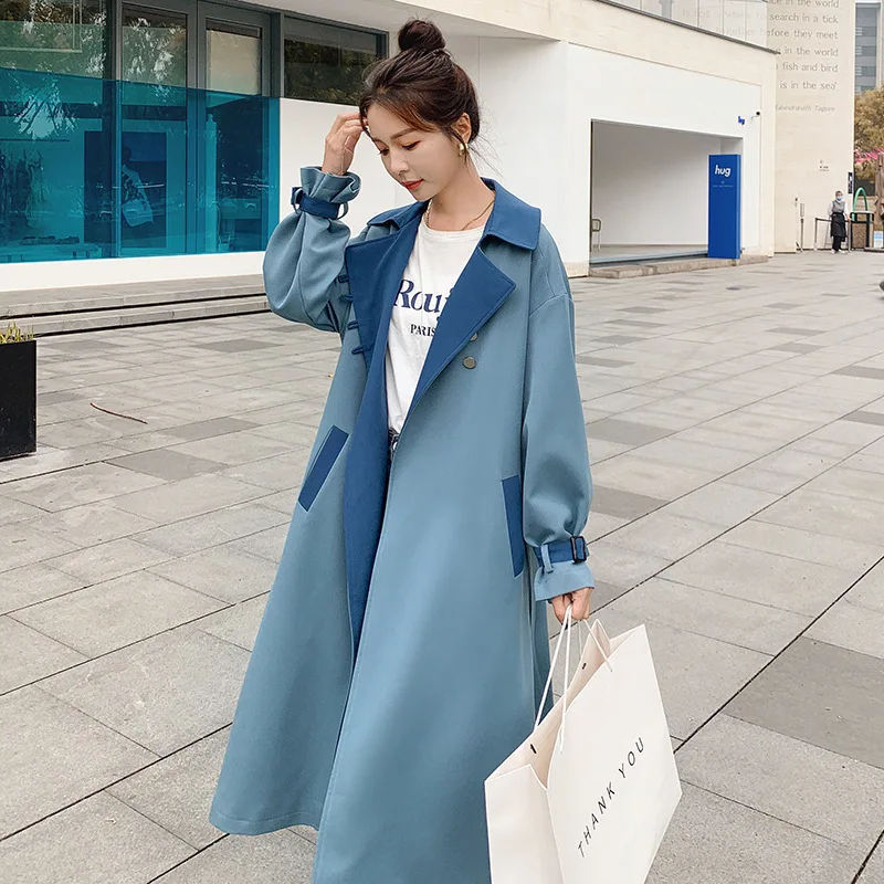 

Women's Windbreaker Jacket Spring Autumn Korean Long Stitching Contrast Color Loose Ladies Cloak New Straight Trench Coat Female