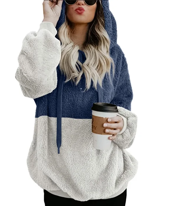 white blue Зимние теплые Повседневное двойной Fuzzy 1/4 толстовка на молнии из искусственного флиса карман с длинным рукавом безразмерная подстежка на искусственном меху, пуловер с капюшоном пальто, верхняя одежда - Цвет: white blue