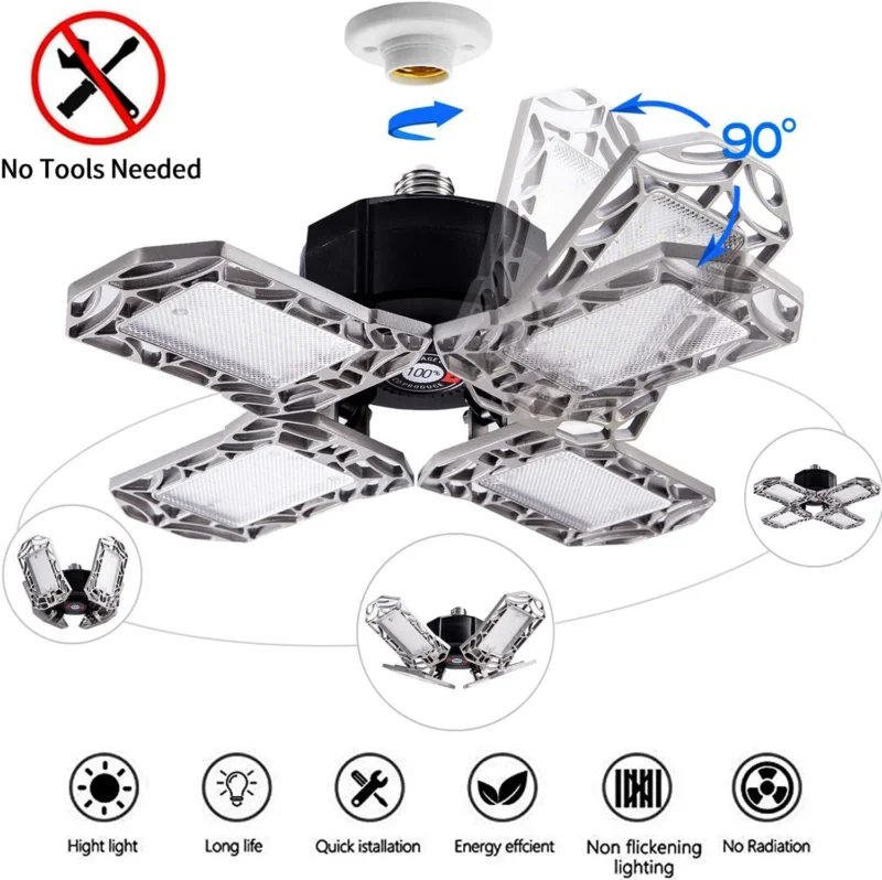 

LED Garage Light Four Leaf Deformable Metal Ceiling Light 120W 12000ML Ultra High Brightness 4 Adjustable Cast Aluminum Panels