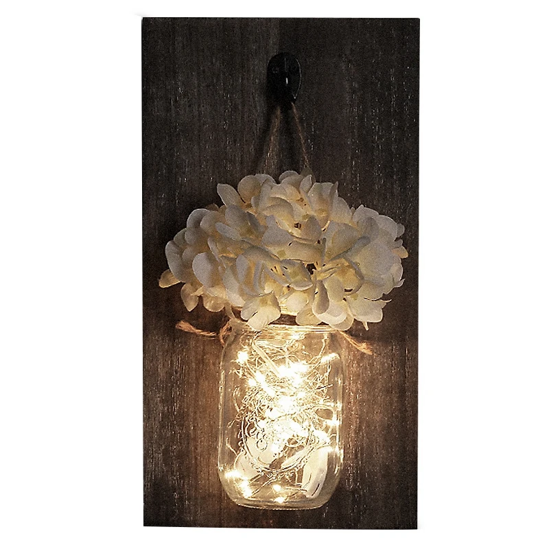 Ins Rustic Mason Jar Wall Sconces With Led Fairy Lights Flowers For Country Home Wedding Cafe Bar Bedroom Decoration Wooden | Освещение