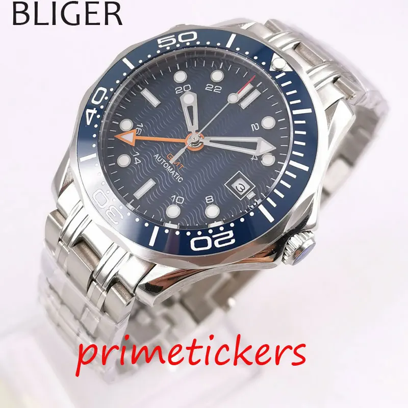 

Automatic movement BLIGER 41mm blue dial GMT blue ceramic bezel sapphire crystal date luminous men's watch