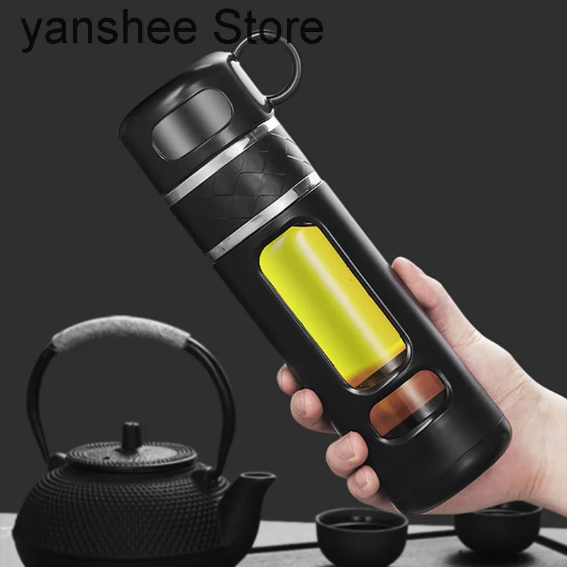 

Double wall glass water bottle, filter tea set, separate tea cup, travel cup, coffee beverage, transparent, 520ml