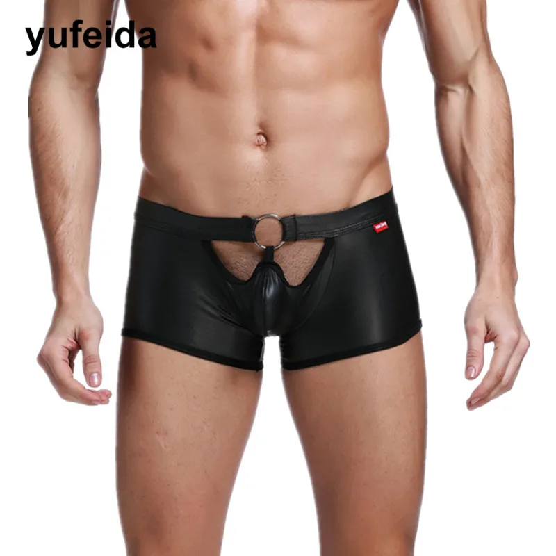 

PU Leather Sexy Mens Underwear Boxers Black Boxer Shorts Trunks Underpants Male Gay Sissy Panties Bulge Pouch U convex Pouch