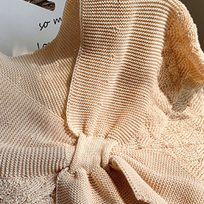 

Women Spring Crochet Shawl Wrap Knitted Fish Scales Solid Color Fake Collar Poncho Tie Knot Front Vintage Cape Scarf