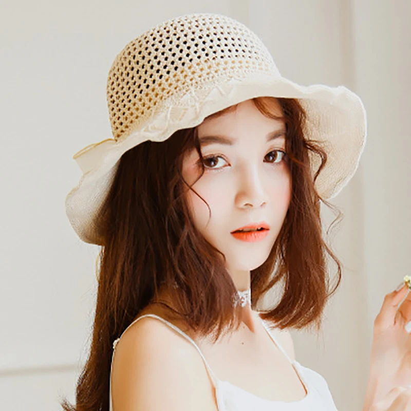 

Women's bucket hat Japanese solid color cotton and linen Cap cute hollow bow Bucket hat Fashion casual foldable shade bucket hat