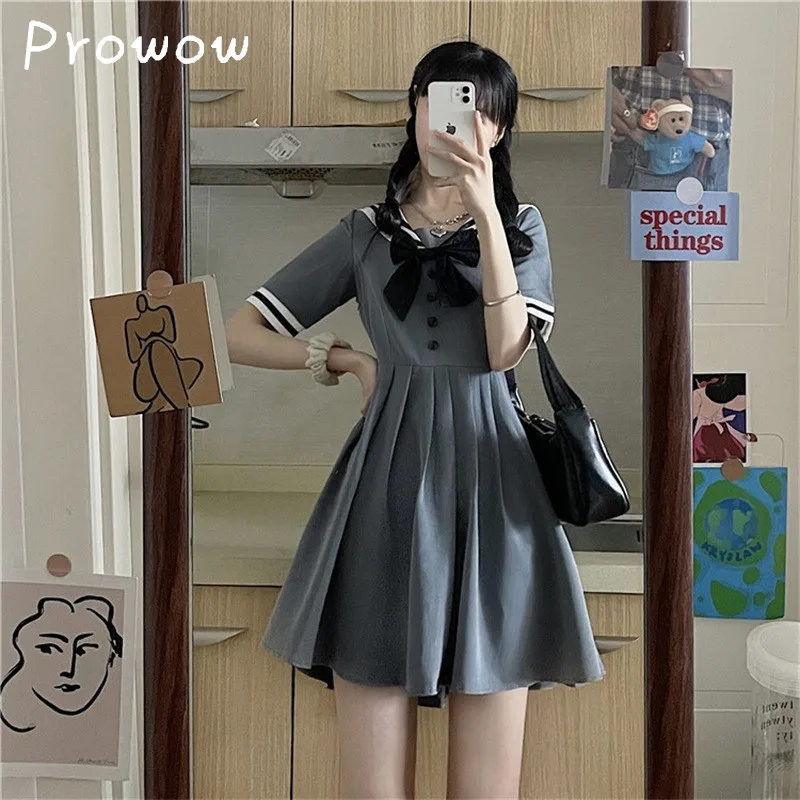 

Kawaii Short Puff Sleeve Dresses Japanese College Style Women Sweet Girl Sailor Collar Bow Vintage Pleated Splice Dress Vestidos