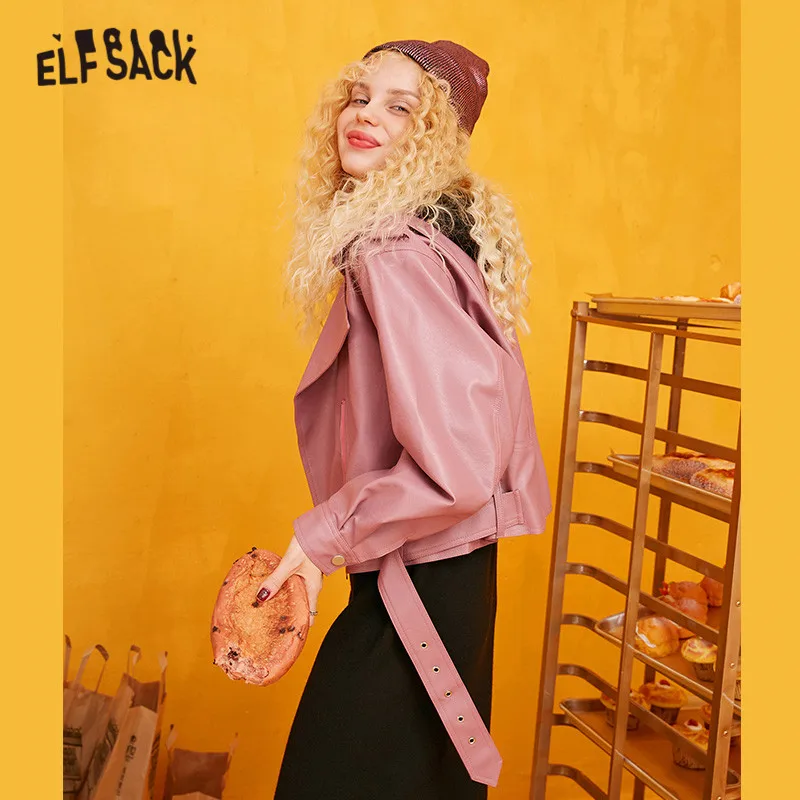 ELFSACK розовый однотонный локомотив корейский стиль кожаные куртки для женщин 2019
