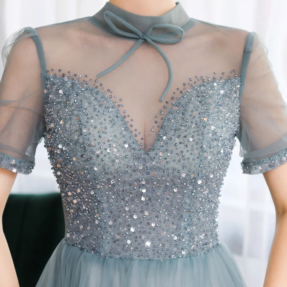 

SSYFashion New Banquet Elegant Evening Dress High-neck Short Sleeve Sequins Beading A-line Prom Formal Gowns Vestido De Noche