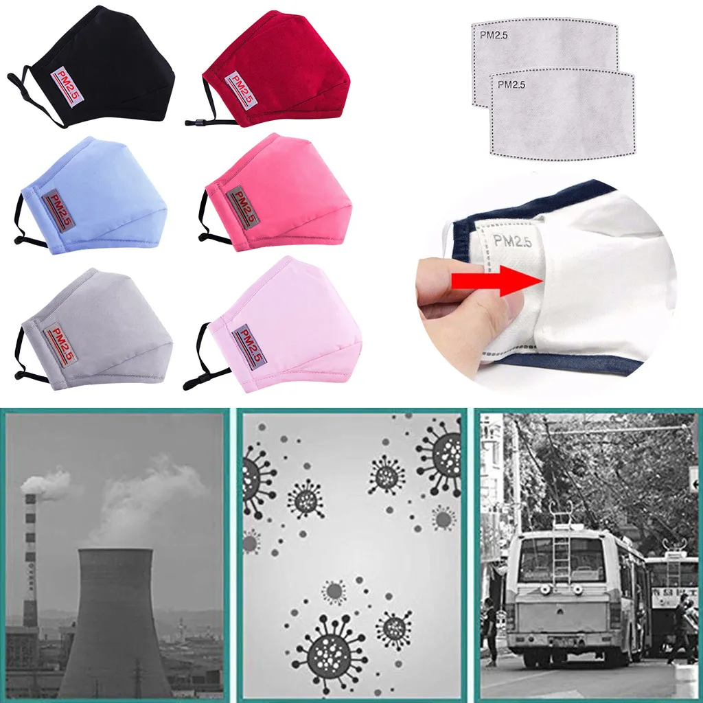 

1 шт. однотонная хлопковая маска для лица с 2 фильтрами Pm2.5 противопылевая ветрозащитная многоразовая маска для лица маска для Хэллоуина Cospla