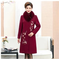 high quality cashmere outerwear autumn winter new fur collar embroidered woolen coat female middle age clothing women coat 5xl